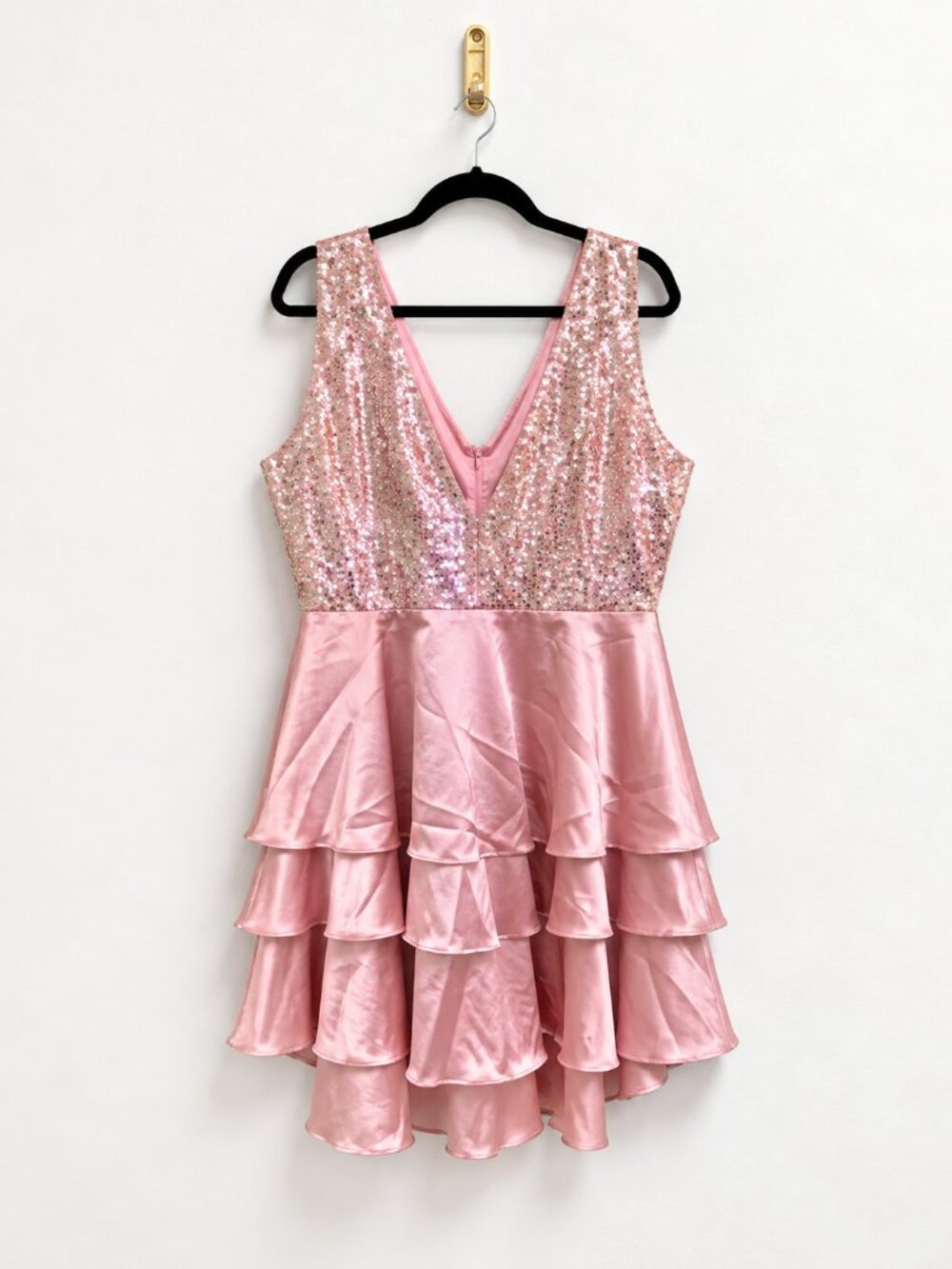 Rose Gold Sparkle V-Neck Ruffle Skirt Mini Dress